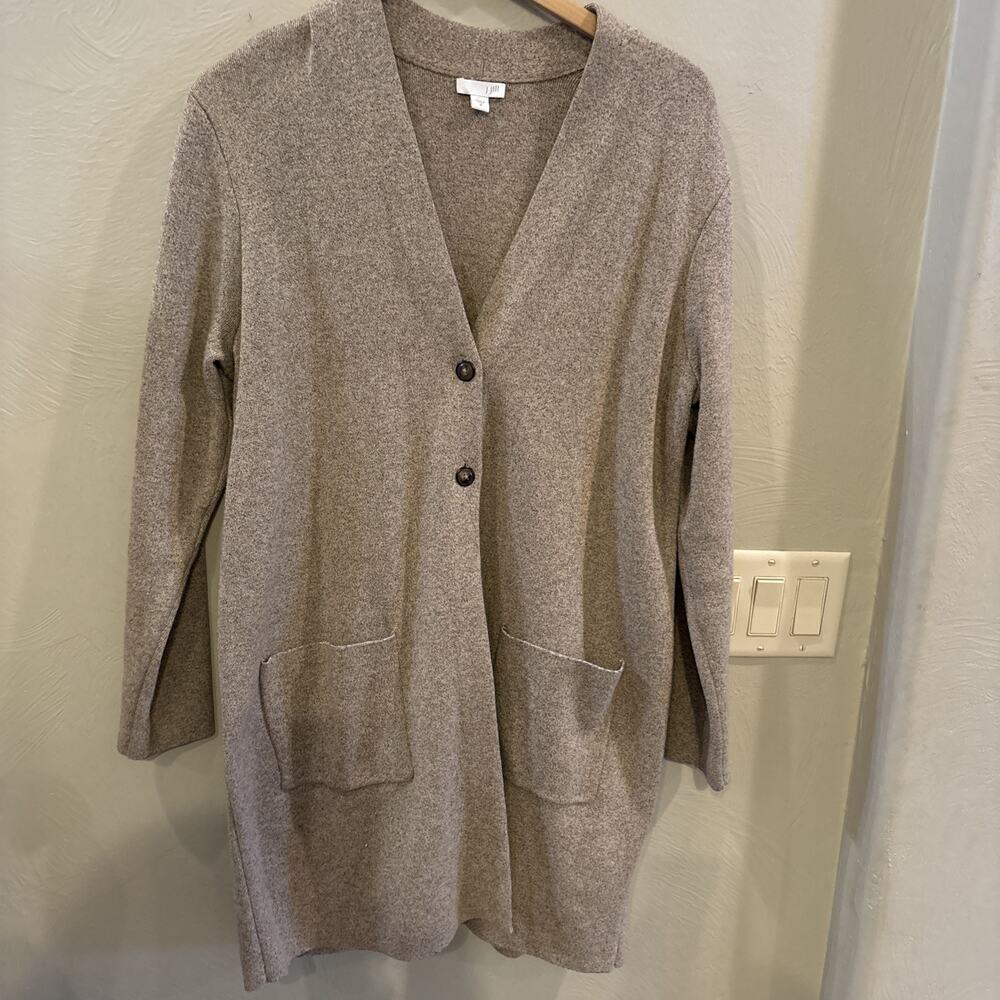 J. Jill Women Long Cardigan M Tan Open Front‎ Button Pocket Lagenlook Minimalist